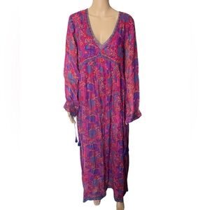 La Plage Sarah Boho Luxe Beach Metallic Eclectic Floral Long Sleeve Maxi Dress